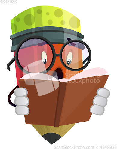 Image of Scared pencil reading a book illustration vector on white backgr