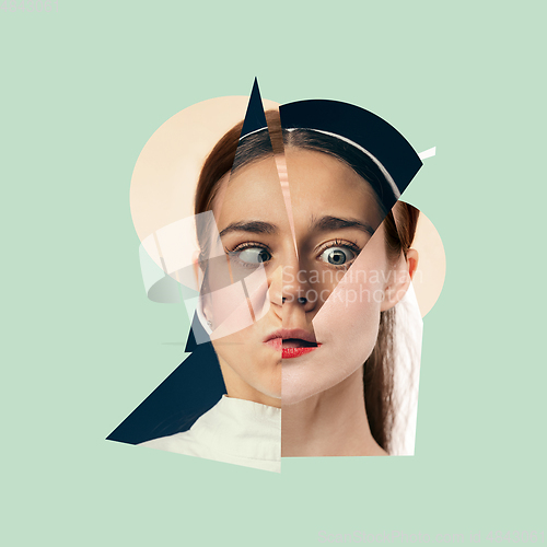 Image of Young woman\'s portrait made of different pieces of faces, modern art collage