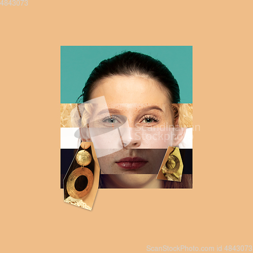 Image of Young woman\'s portrait made of different pieces of faces, modern art collage