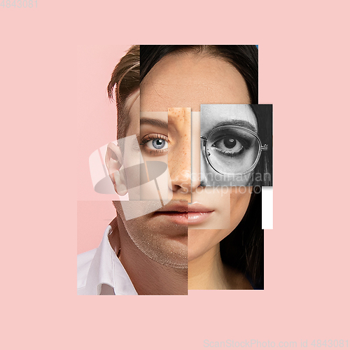 Image of Young woman\'s portrait made of different pieces of faces, modern art collage