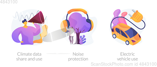 Image of Climate data share and use, noise protection, electric vehicle use vector concept metaphors.