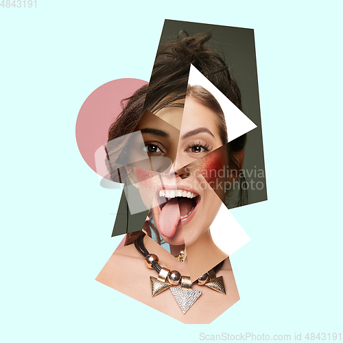 Image of Young woman\'s portrait made of different pieces of faces, modern art collage