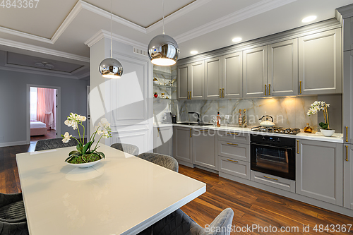 Image of Luxury grey and white modern kitchen and living room