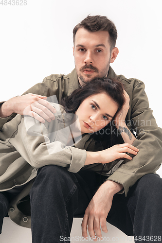 Image of Trendy fashionable couple isolated on white studio background