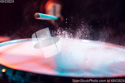 Image of Drummer\'s rehearsing on drums before rock concert. Man recording music on drumset in studio