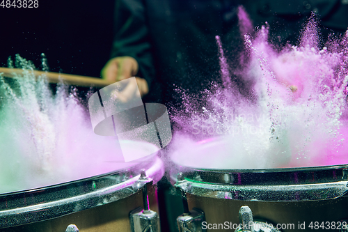 Image of Drummer\'s rehearsing on drums before rock concert. Man recording music on drumset in studio