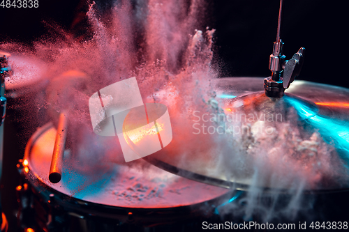 Image of Drummer\'s rehearsing on drums before rock concert. Man recording music on drumset in studio