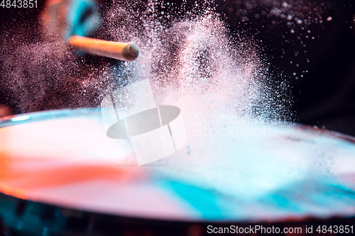 Image of Drummer\'s rehearsing on drums before rock concert. Man recording music on drumset in studio