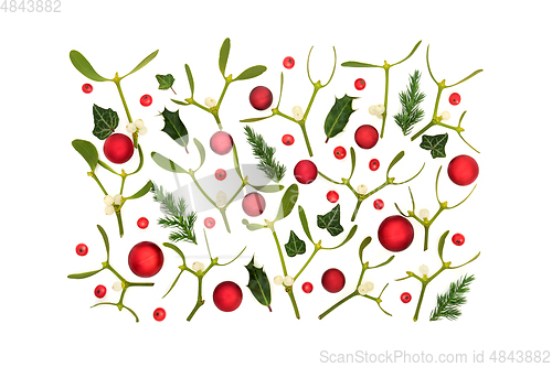 Image of Festive Christmas Background with Greenery and Baubles 