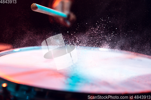 Image of Drummer\'s rehearsing on drums before rock concert. Man recording music on drumset in studio