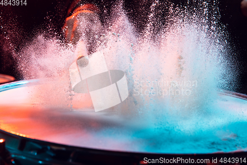 Image of Drummer\'s rehearsing on drums before rock concert. Man recording music on drumset in studio