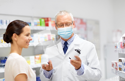 Image of apothecary and woman with drug at pharmacy