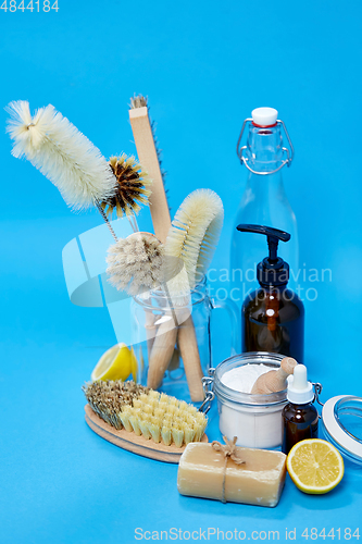 Image of lemons, soap, washing soda, vinegar and brushes