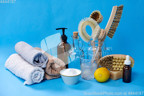 Image of lemons, soap, washing soda, vinegar and brushes