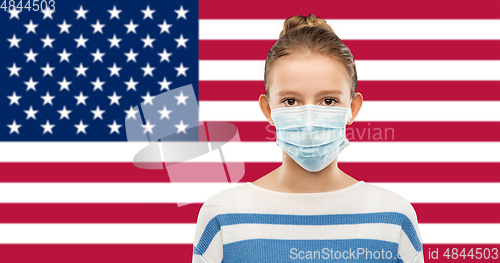 Image of teenage girl in medical mask over flag of america