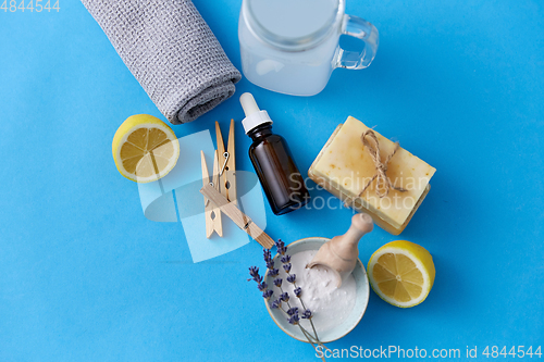 Image of washing soda, soap, towel, dropper and clothespins