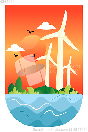 Image of Illustration of windmills at a sunset illustration vector on whi