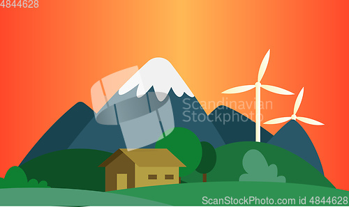 Image of Sunset in the mountains where they use wind as a resource illust