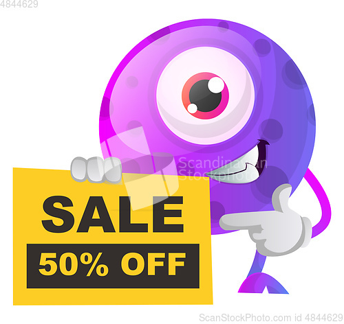 Image of Purple monster with a sale sign illustration vector on white bac