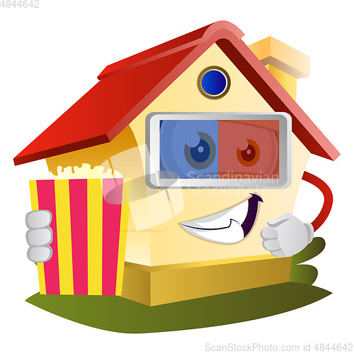 Image of House with 3d glasses and popcorn, illustration, vector on white