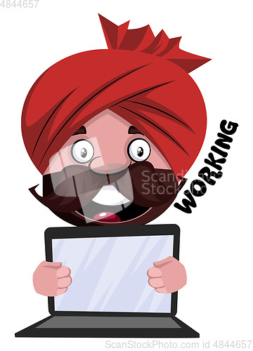 Image of Man with turban is holding laptop, illustration, vector on white