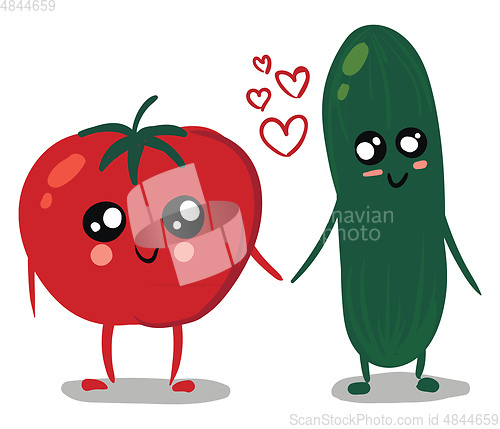 Image of Cucumber and tomato in love illustration vector on white backgro