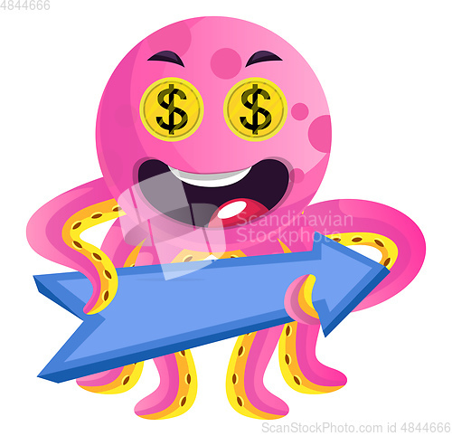 Image of Pink octopus with a direction sign illustration vector on white 