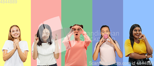 Image of Portrait of group of emotional people on multicolored background