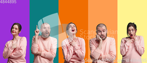 Image of Portrait of group of emotional people on multicolored background