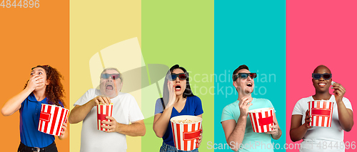 Image of Portrait of group of emotional people on multicolored background