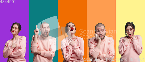 Image of Portrait of group of emotional people on multicolored background