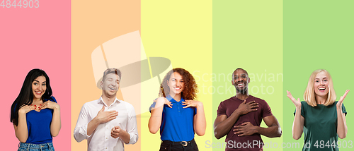 Image of Portrait of group of emotional people on multicolored background