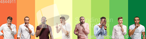 Image of Portrait of group of emotional people on multicolored background