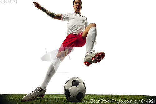 Image of Football or soccer player on white background - motion, action, activity concept