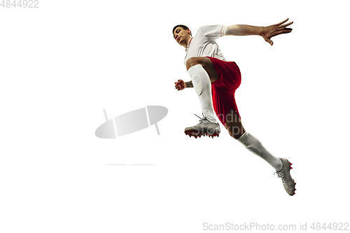 Image of Football or soccer player on white background - motion, action, activity concept