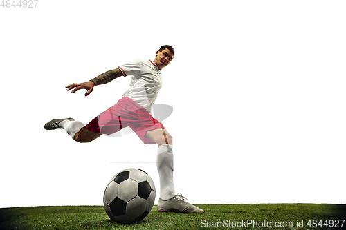Image of Football or soccer player on white background - motion, action, activity concept