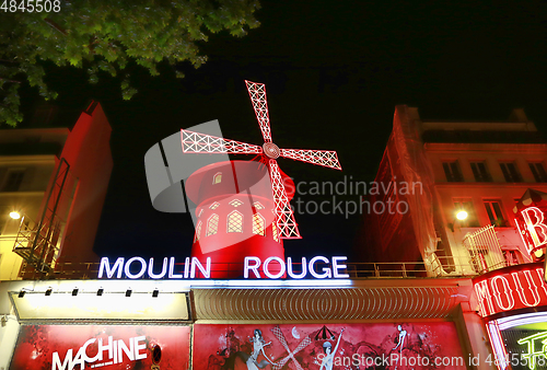 Image of View of the Moulin Rouge (Red Mill) at night in Paris, France