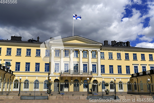 Image of Presidential Palace, Helsinki, Finland With National Flag