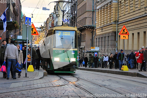 Image of People and Tram in Helsinki, Finland