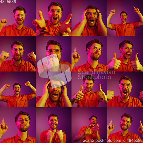 Image of Collage of portraits of young emotional man on purple background in neon light