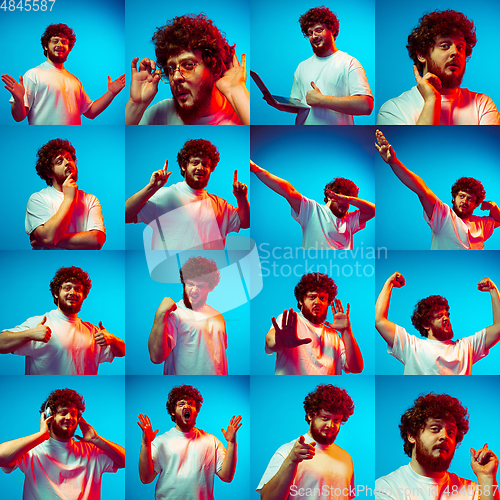 Image of Collage of portraits of young emotional man on blue background in neon light