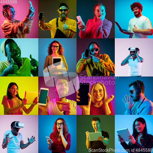 Image of Collage of portraits of young people on multicolored background in neon light using gadgets