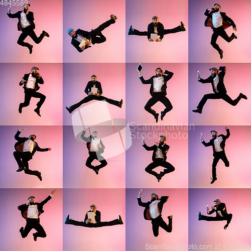 Image of Collage of portraits of young man jumping high on purple background in neon light