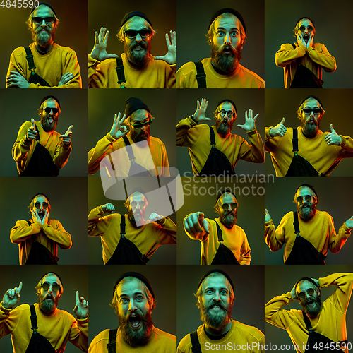 Image of Collage of portraits of young emotional man on green background in neon light
