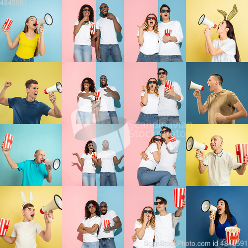 Image of Collage of portraits of young emotional people on multicolored background watching TV with popcorn