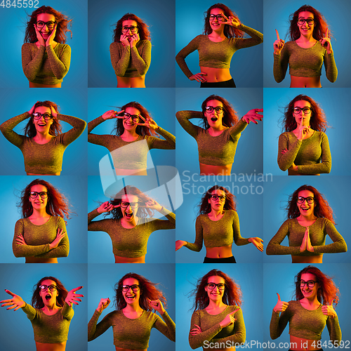 Image of Collage of portraits of young emotional woman on blue background in neon light