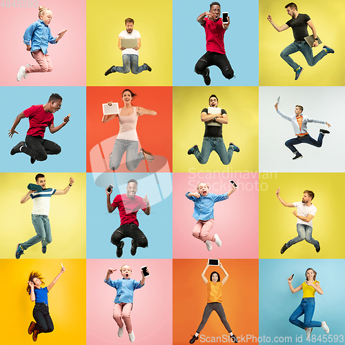 Image of Collage of portraits of young people on multicolored background in using gadgets