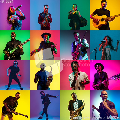 Image of Collage of portraits of young musicians on multicolored background in neon