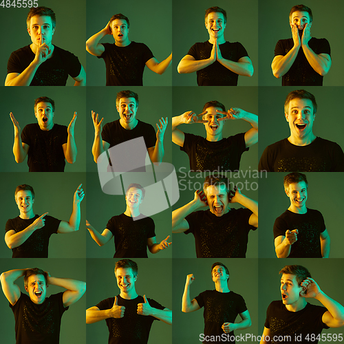 Image of Collage of portraits of young emotional man on green background in neon light