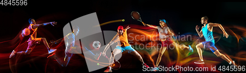 Image of Creative collage of sportsmen in mixed and neon light on black background, flyer, motion and action